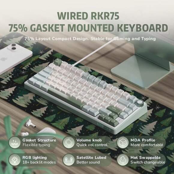 R75 Mechanical Keyboard Wired with Volume Knob, 75% Custom Gaming Keyboard Gaske - Picture 4 of 9